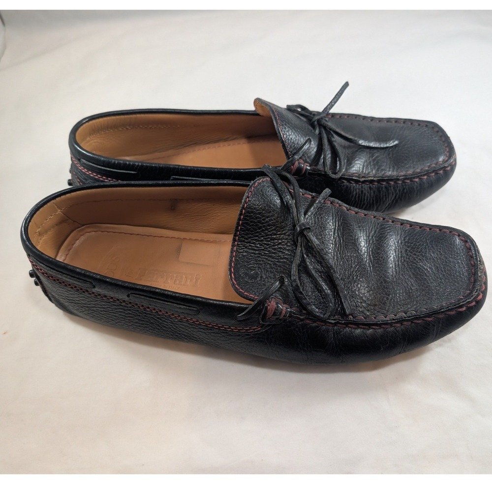 Tods for Ferrari Gommino Black Leather Driving Shoes Red Stitching Mens 8
